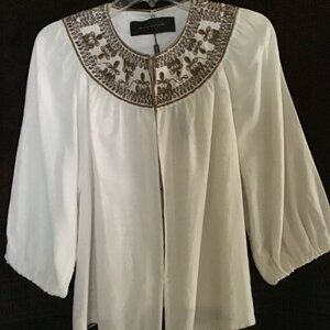 NWT Elie Tahari Azure Jacket Embellished Neckline, White, Size S